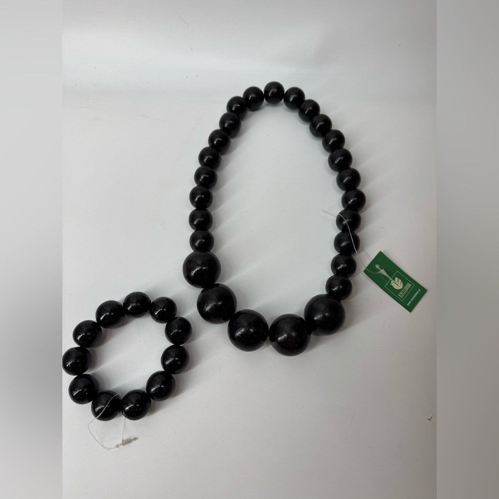 Handmade Wooden Bead Necklace & Bracelet Set – Black, Chunky Boho Jewelry NWT